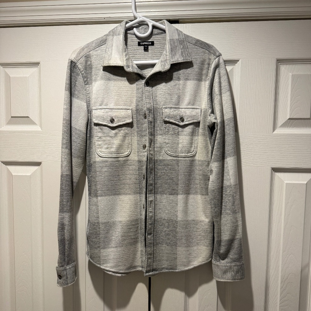 Express Men's Overshirt Flannel - Grey White Plaid - Size Small